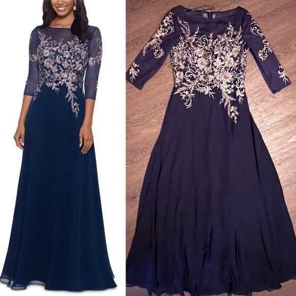 Betsy & Adam | Dresses | Betsy Adam Embroidered 34sleeve Gown Dress Blue  Size 4 Or P Nwt | Poshmark